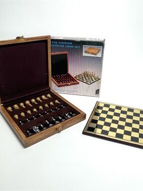 Hansen Deluxe Oakwood Gold/silver Chess Set Travel Portable Wood Case Vintage